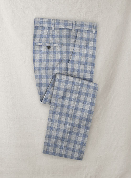 Italian Wool Cashmere Gray Blue Checks Pants
