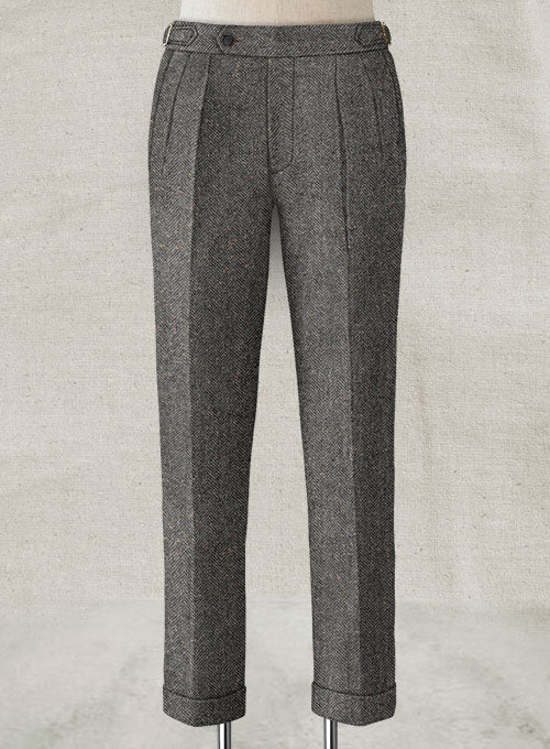 Gray Herringbone Flecks Donegal Highland Tweed Trousers