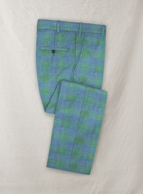 Italian Murano Blue Green Checks Wool Linen Pants