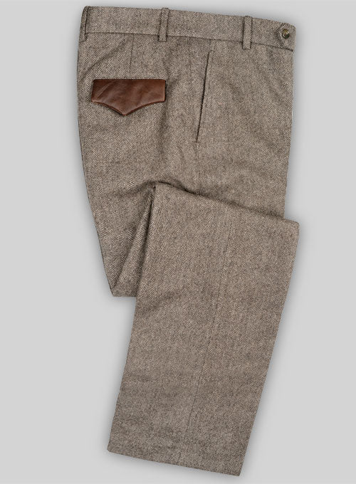 Vintage Dark Brown Herringbone Tweed Pants - Leather trims