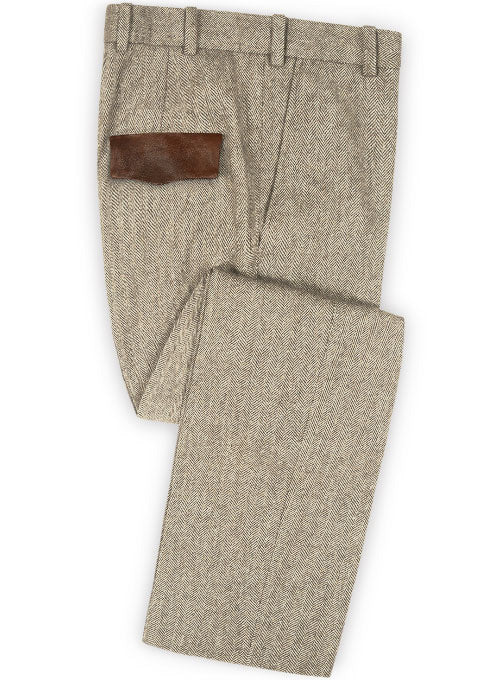Vintage Herringbone Light Beige Tweed Pants - Leather trims